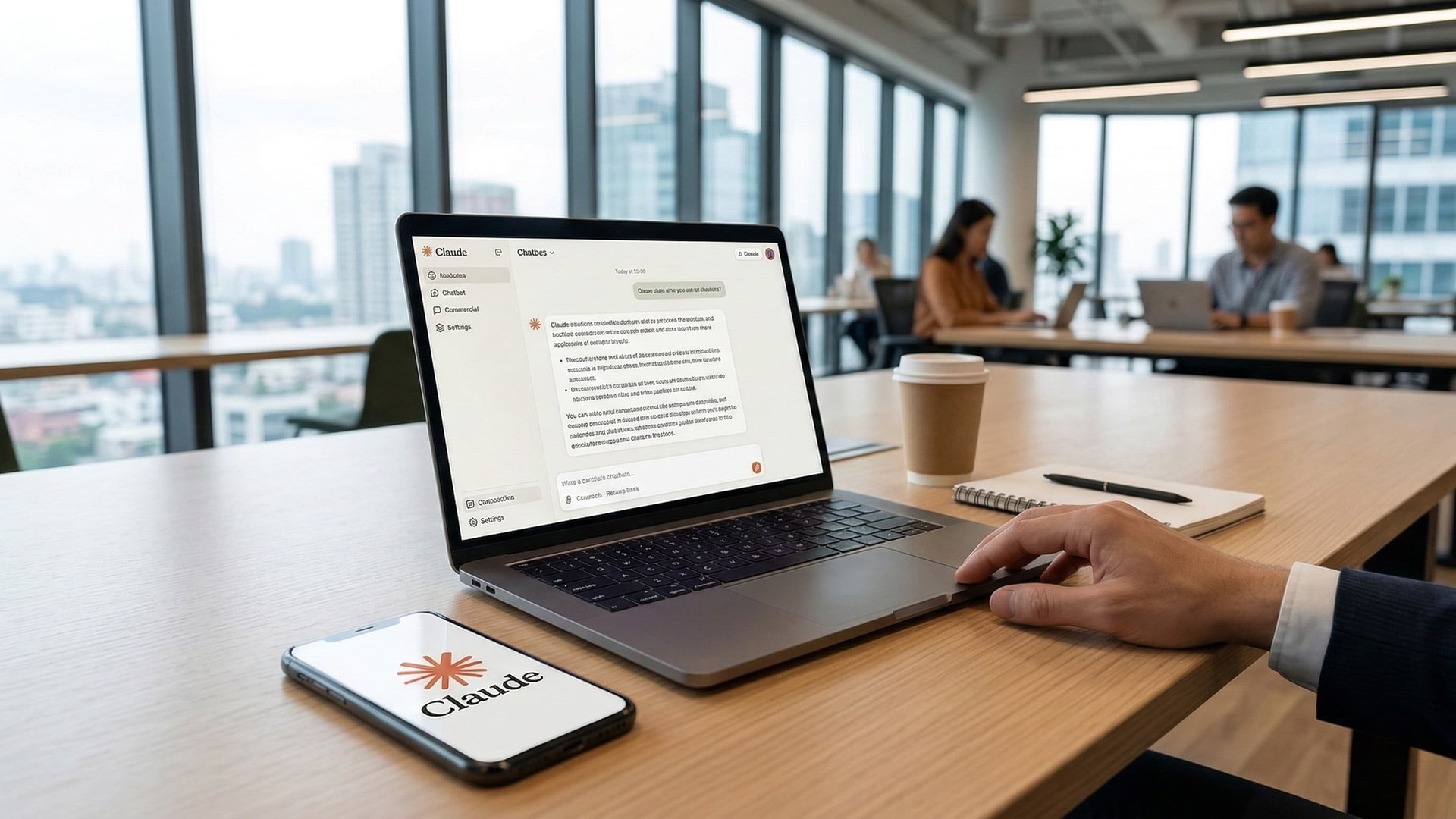 Laptop mit Claude.ai-Oberfläche und Smartphone mit Claude-Logo auf einem Schreibtisch im modernen Büro