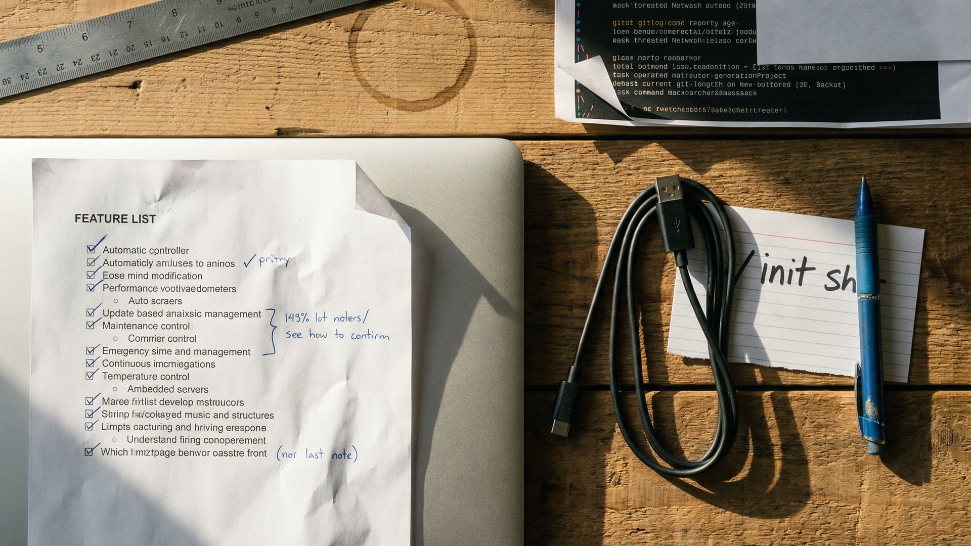 Arbeitsbank mit ausgedruckter Feature-Liste, Marker, geschlossenem Laptop und Git-Log-Ausdruck im Morgenlicht als Bild für Harness Engineering um KI-Agenten