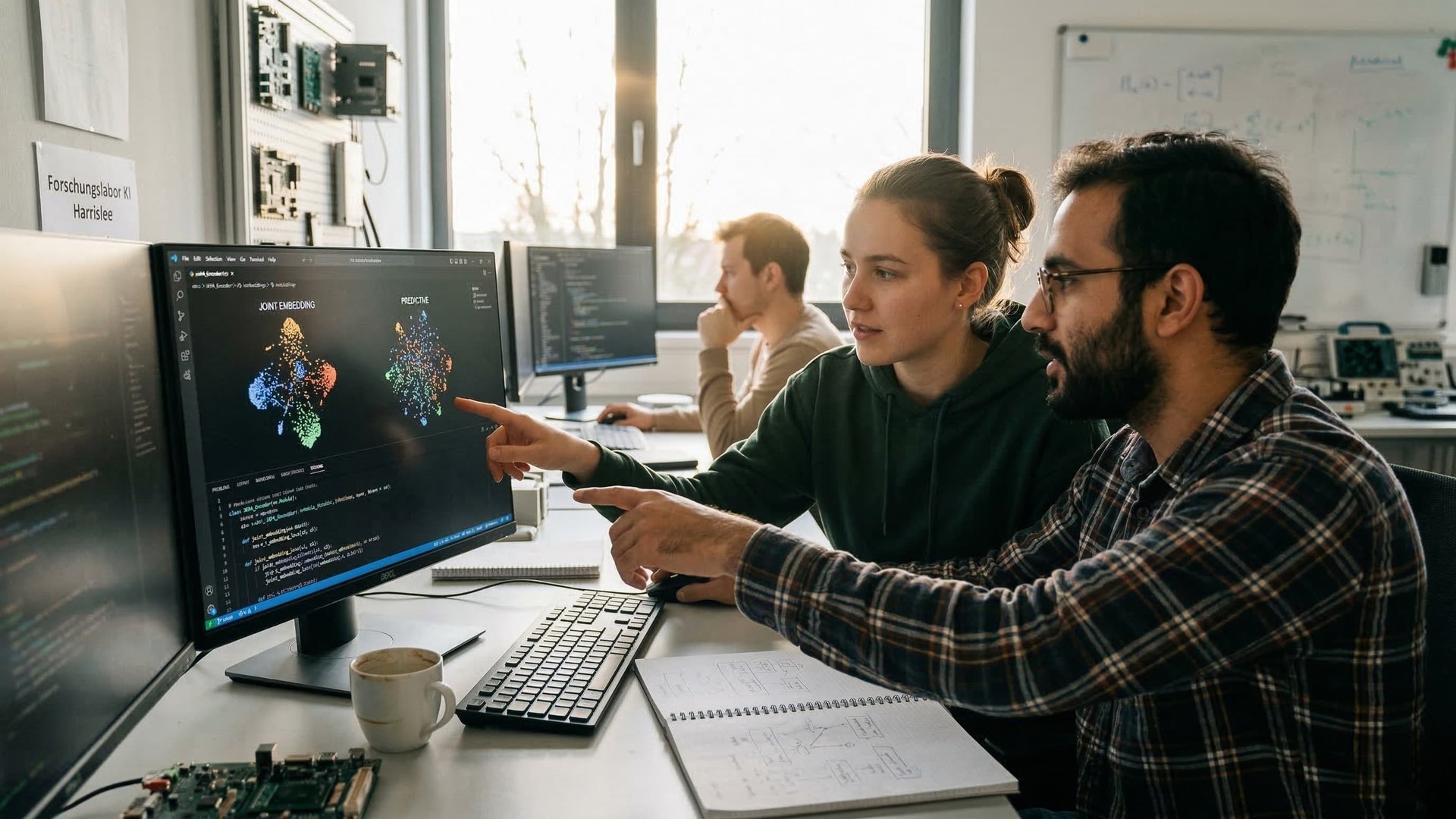 Zwei Forscherinnen und Forscher analysieren am Bildschirm ein JEPA Joint-Embedding-Visualisierung mit Punktwolken im KI-Forschungslabor