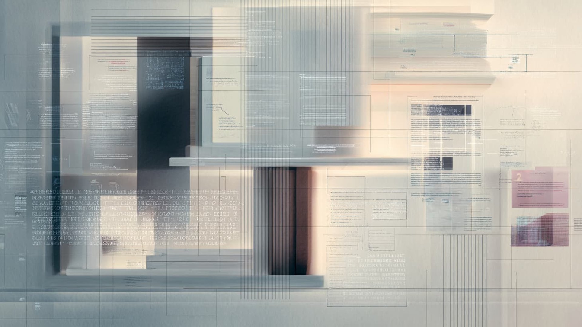 Konzeptionelle Visualisierung von KI-Thesen und Datenströmen - abstrakte digitale Komposition mit Code- und Dokumentelementen