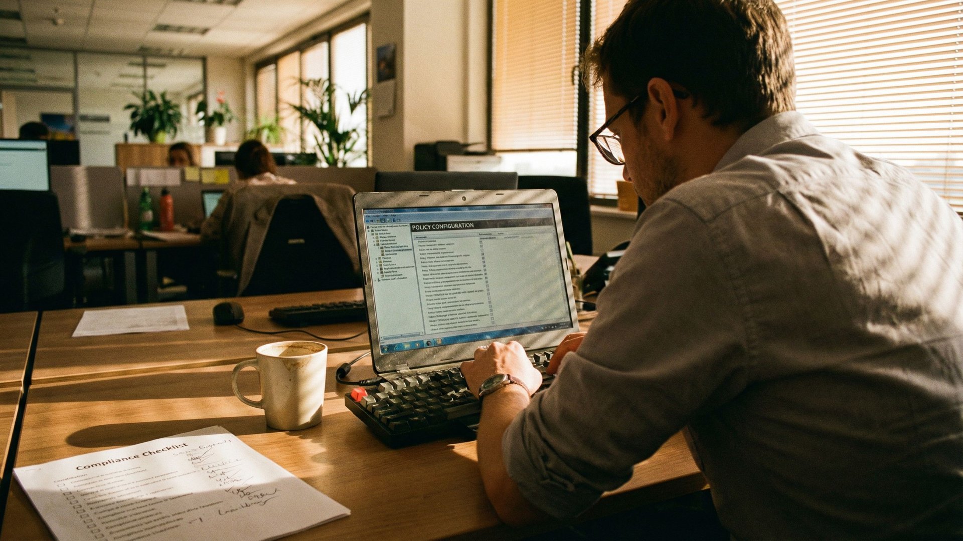 Person am Laptop in einem Büro, die eine Policy-Konfiguration für KI-Agenten prüft