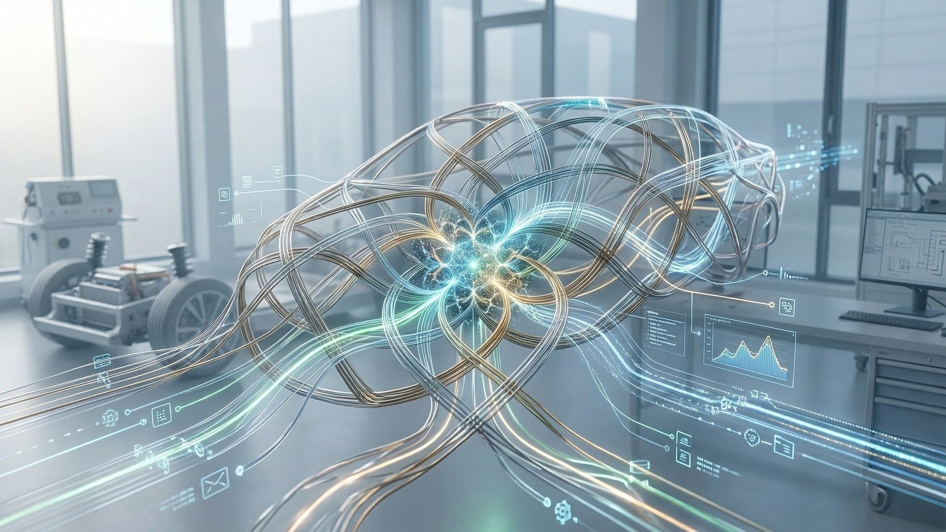 KI-gestützte Bordnetzentwicklung: Wireframe-Fahrzeug mit Datenfluss, ECAD und digitalem Zwilling im Software-Defined Vehicle