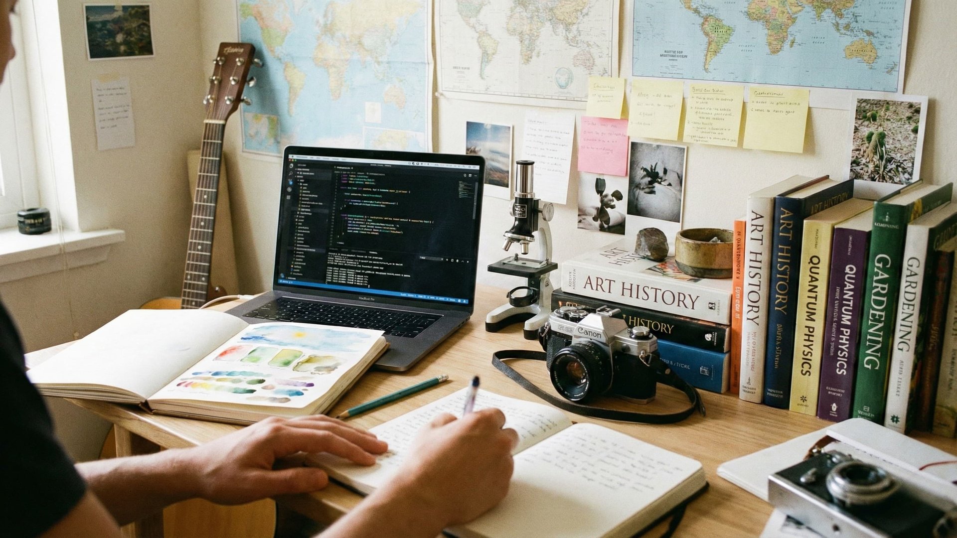 Vielseitiger Arbeitsplatz mit Laptop, Kamera, Mikroskop, Bücher und Notizbuch als Symbol für Multipotentialites und kreative Köpfe