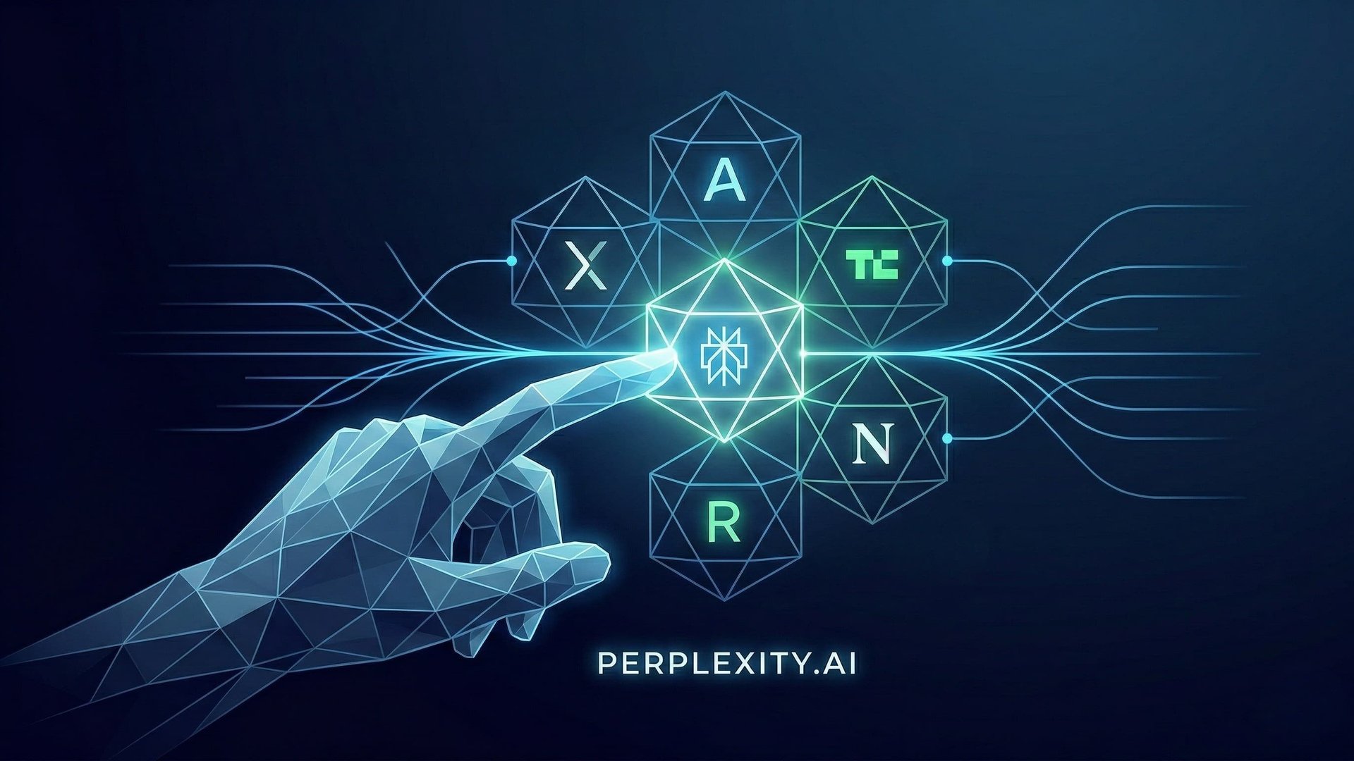 Perplexity Computer - Multi-Agenten KI-Plattform mit orchestrierten KI-Modellen dargestellt durch verbundene geometrische Formen und eine Hand, die mit dem System interagiert