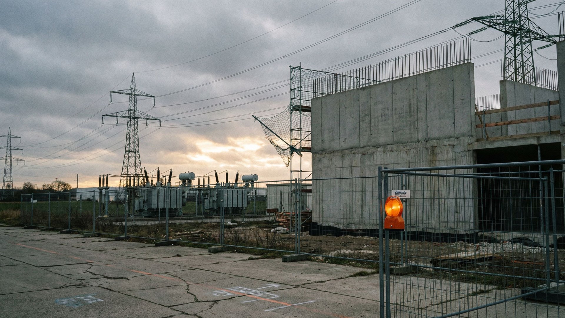 Halbfertige Rechenzentrums-Baustelle am Rand eines deutschen Industriegebiets mit Hochspannungsmasten und Transformatoren im Hintergrund