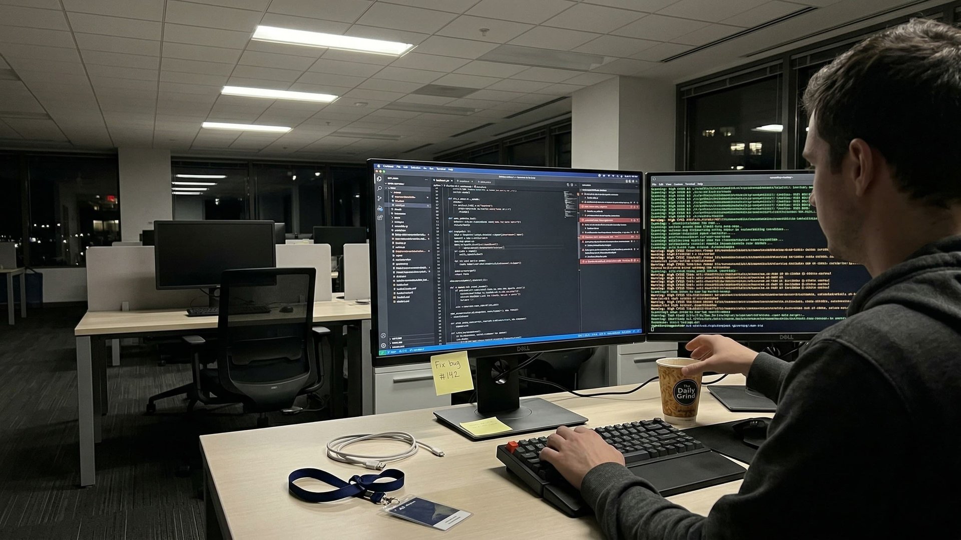 Entwickler vor mehreren Monitoren mit Code und Sicherheitswarnungen in einem abendlichen Büro