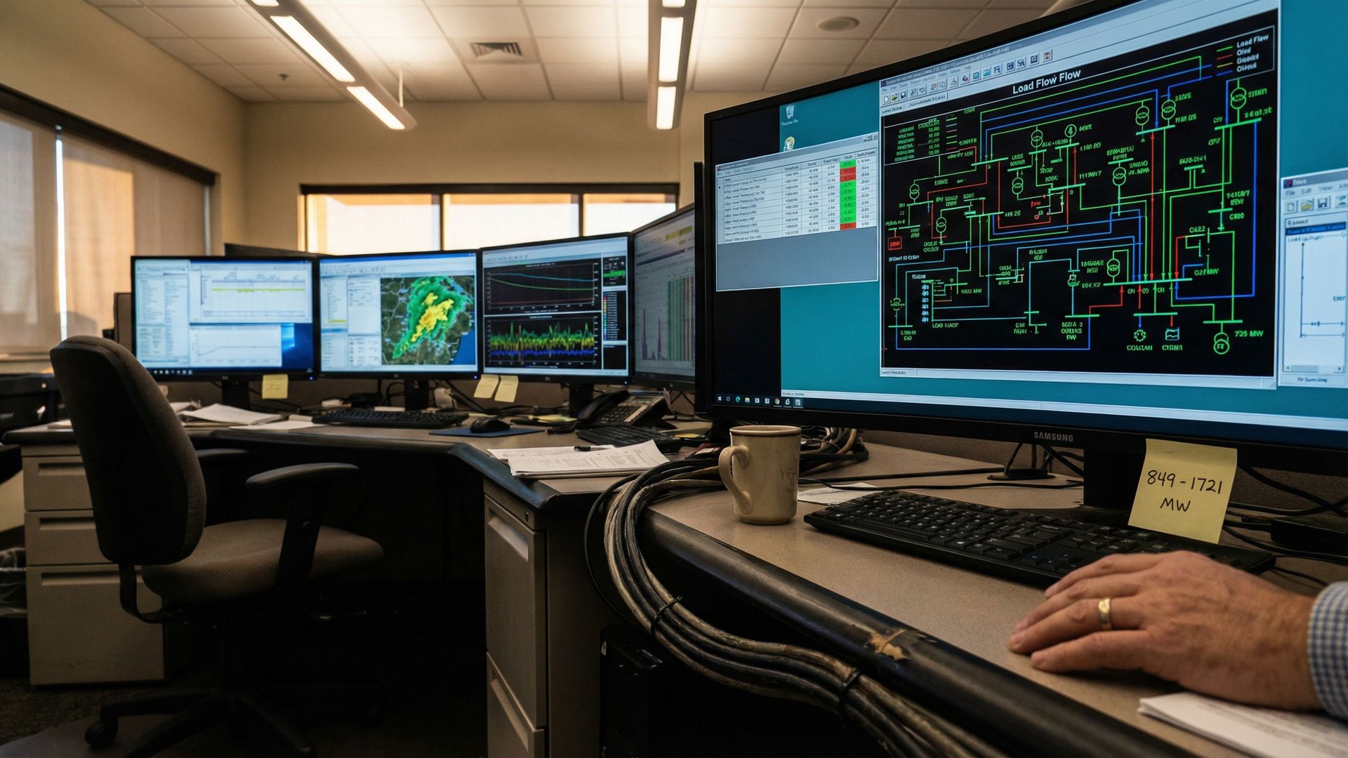 Energy grid control room with AI-powered monitoring displays and data visualisations