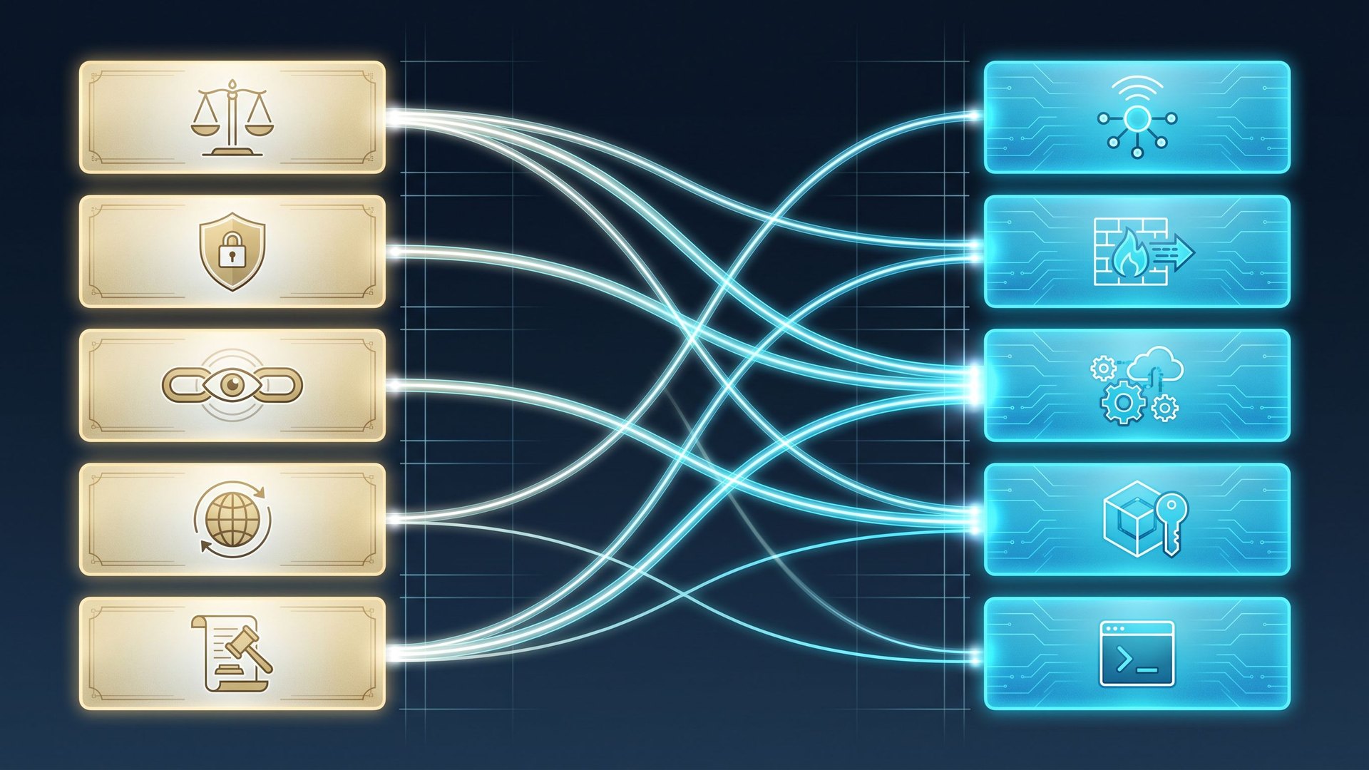 Crosswalk diagram: five golden panels (oversight obligations) on the left connected via glowing lines to five cyan panels (technical hooks) on the right