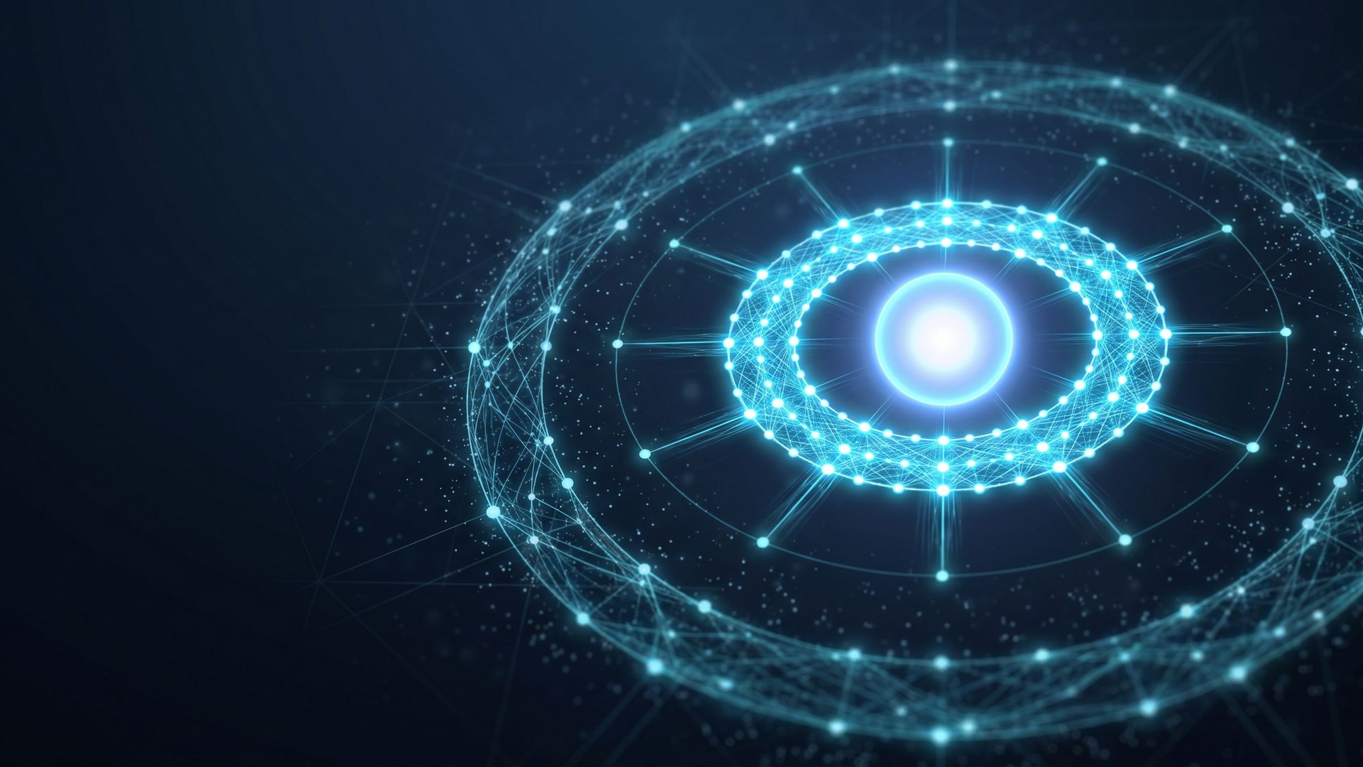 Abstract visualisation of an agent harness: three concentric rings of connected nodes orbiting a central model core