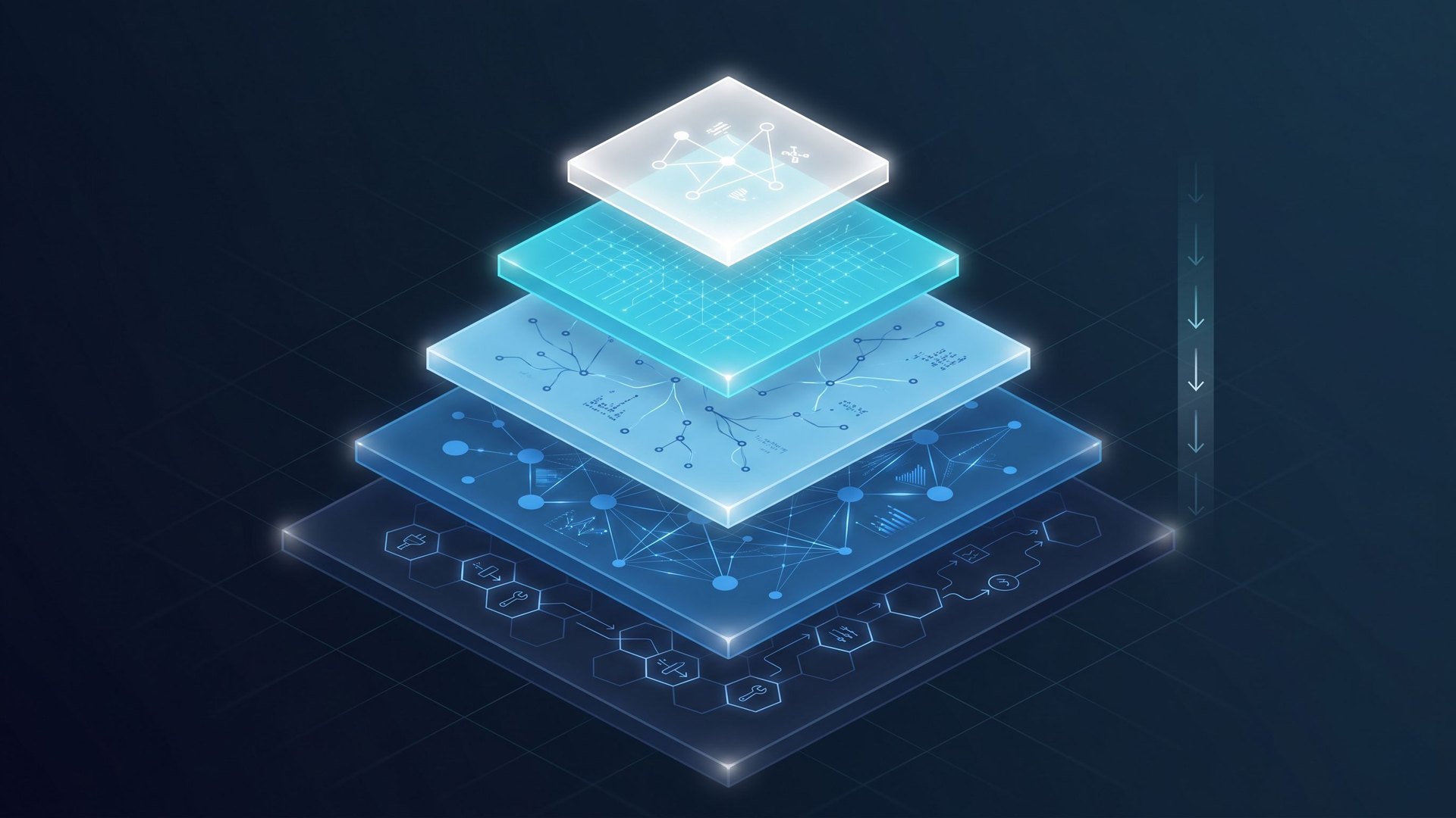 Isometric pyramid of five stacked memory tiers: from the bright in-context window at the top down to broad procedural skills at the base, descending arrows on the right