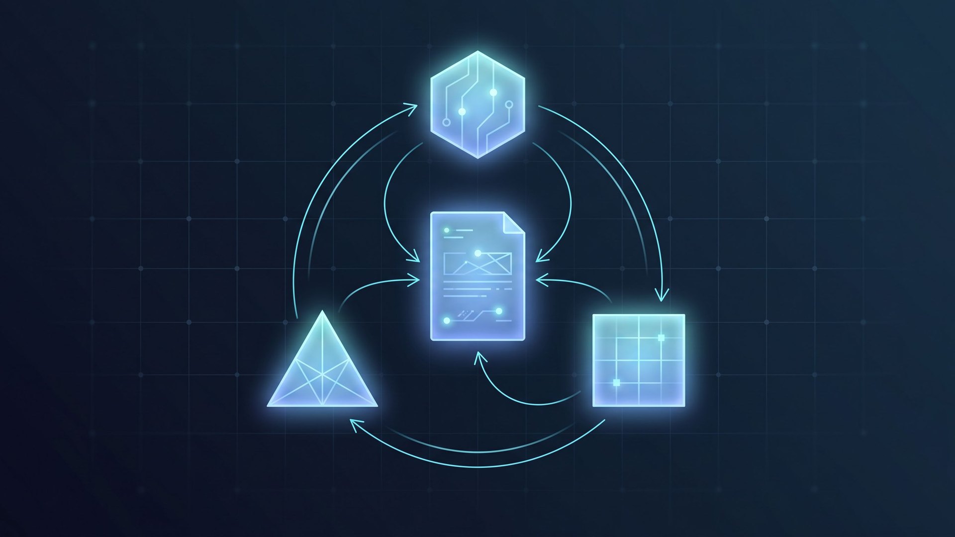 Three specialised AI agents — Planner (hexagon), Generator (square), Evaluator (triangle) — circulating around a shared sprint contract