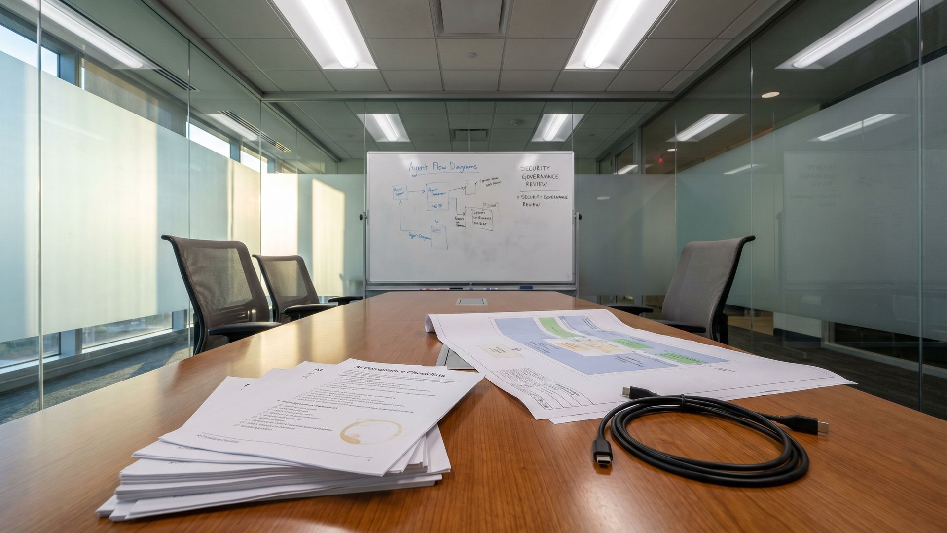 Empty conference room after an AI governance review session with printed compliance checklists on the table
