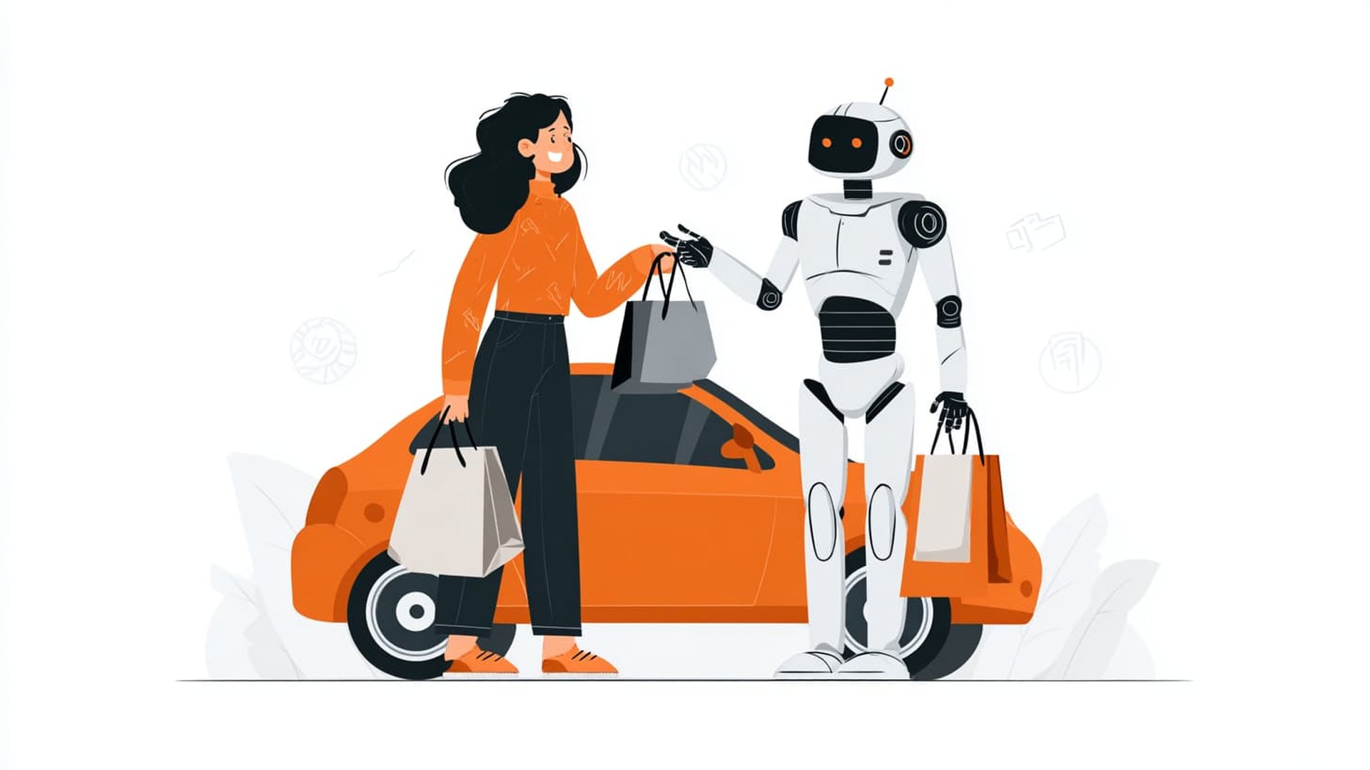 Illustration of a woman and robot shopping together, symbolising the collaboration between humans and AI in e-commerce