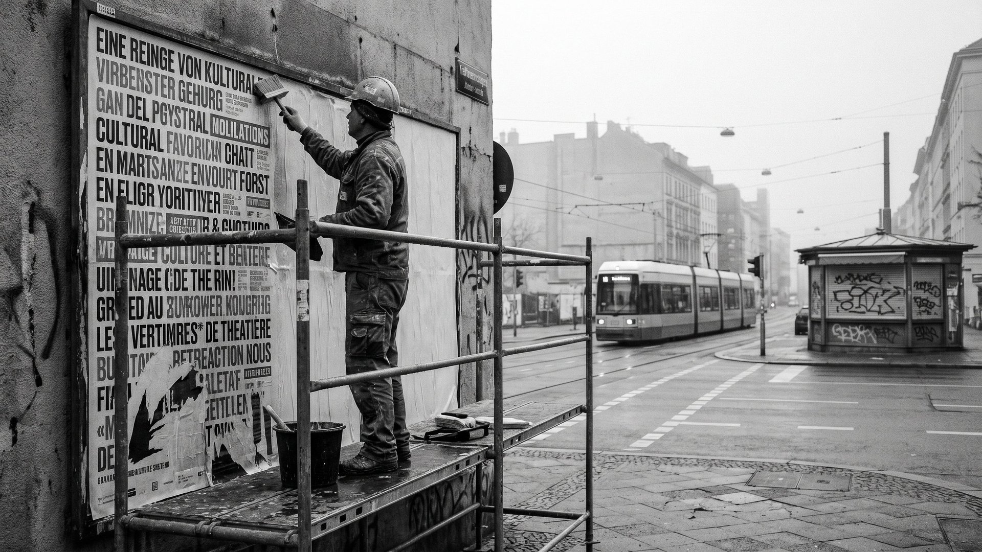 Billposter on scaffolding smoothing a fresh magazine-cover poster with dense multilingual headline typography onto an urban advertising wall, symbolising AI-generated imagery entering physical space and the EU labeling obligation