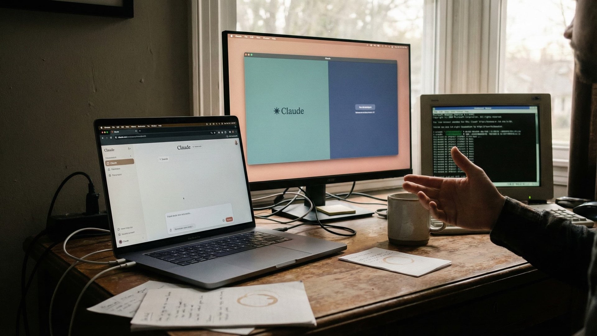 Three screens showing Claude Web in browser, Claude Desktop app, and Claude Code CLI in terminal