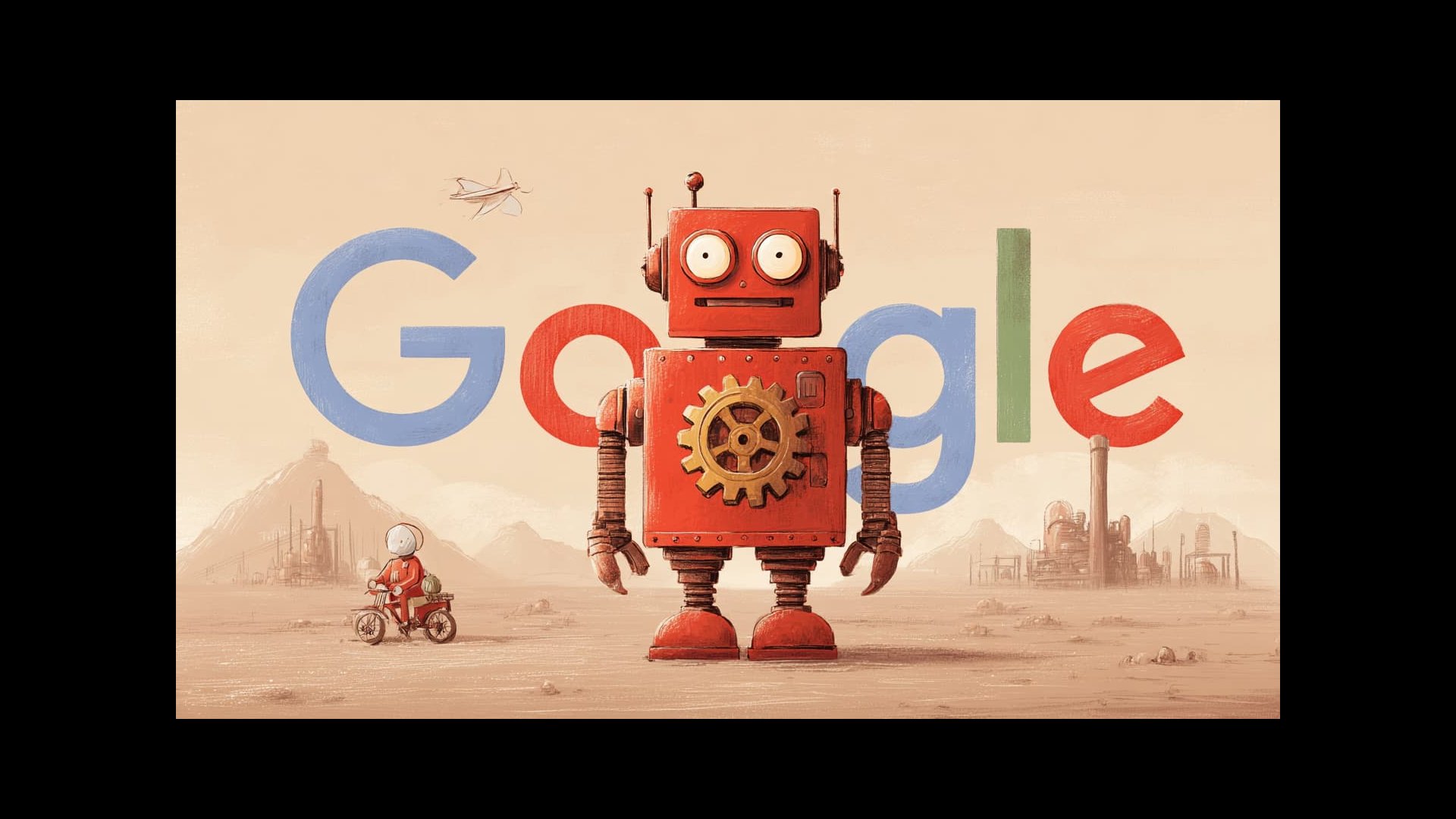 Google Apps Script automation: Robot and Google logo in a futuristic desert landscape