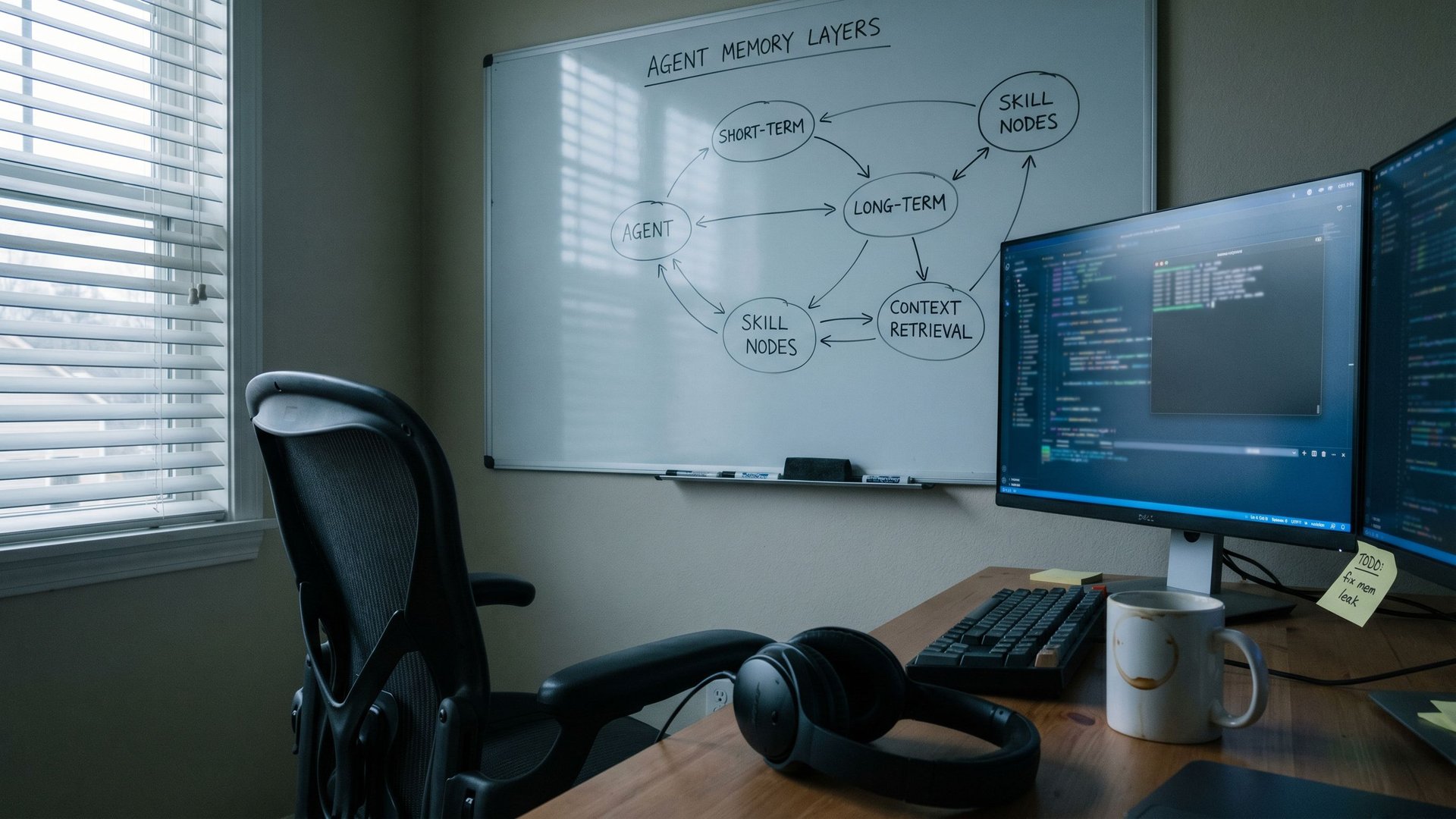Empty developer workstation at dawn with a whiteboard full of architecture sketches showing agent memory layers and skill nodes, symbolizing the self-improving Hermes Agent by Nous Research