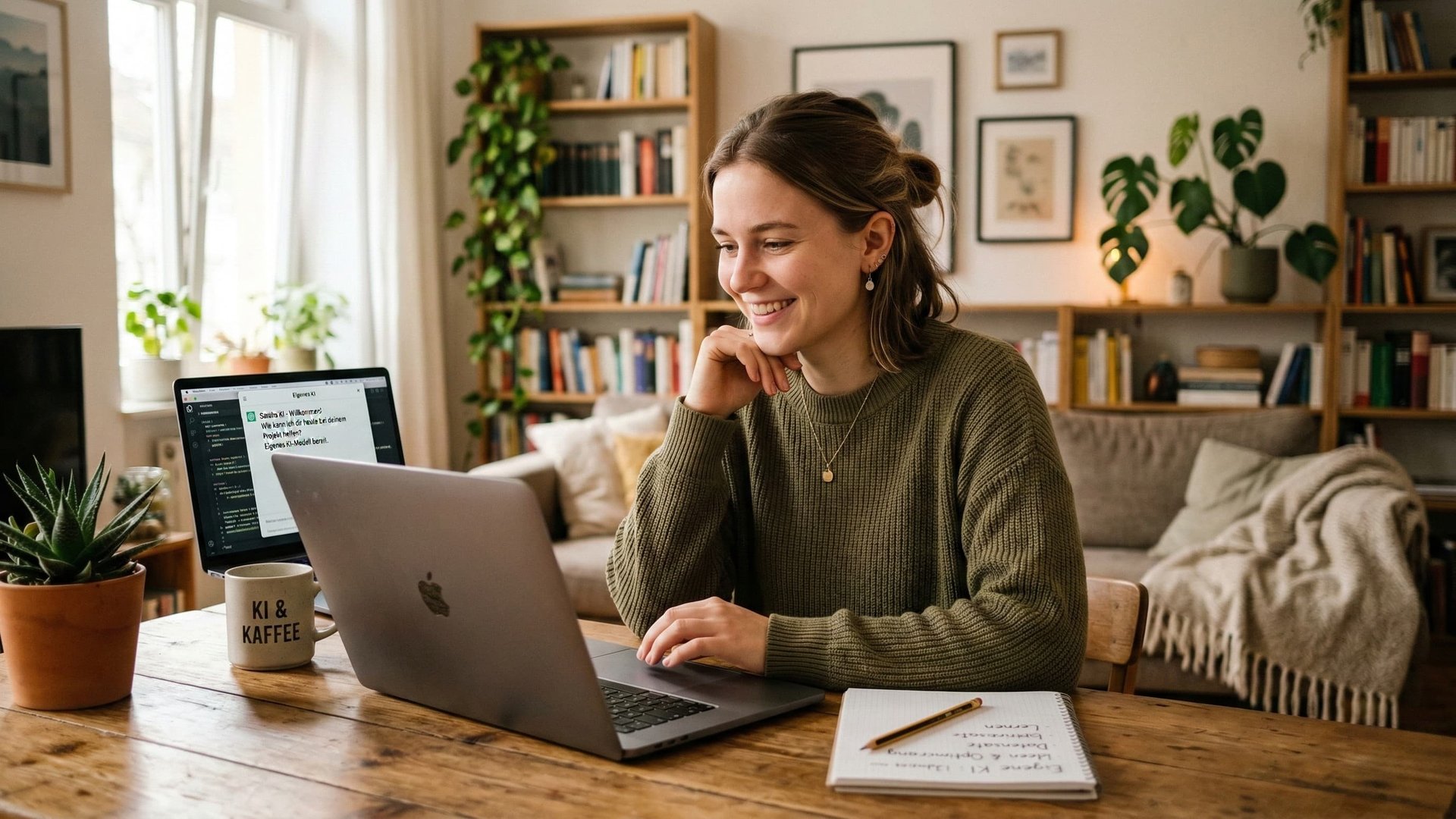 Woman working with local AI on a laptop in a bright home office with an AI and Coffee mug