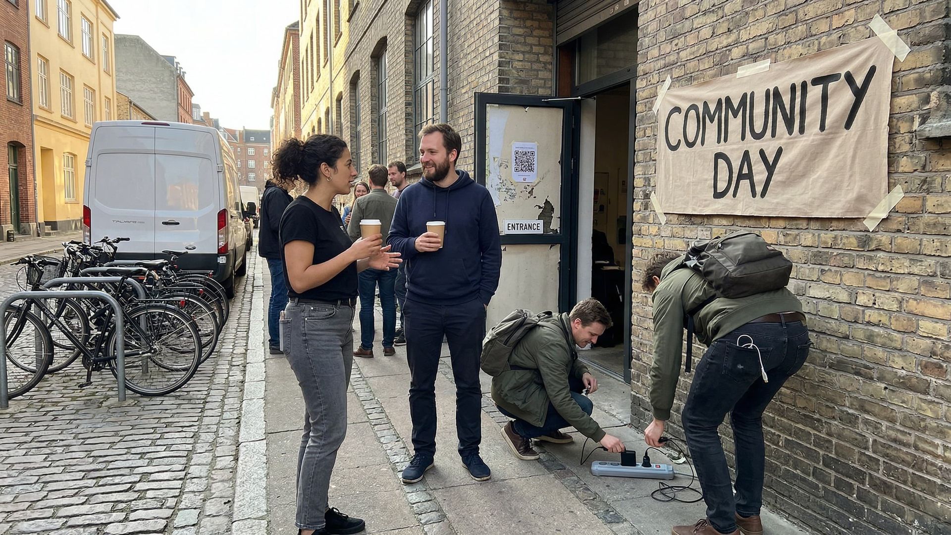 Developers with laptops outside a community day coworking building discussing open-source AI models