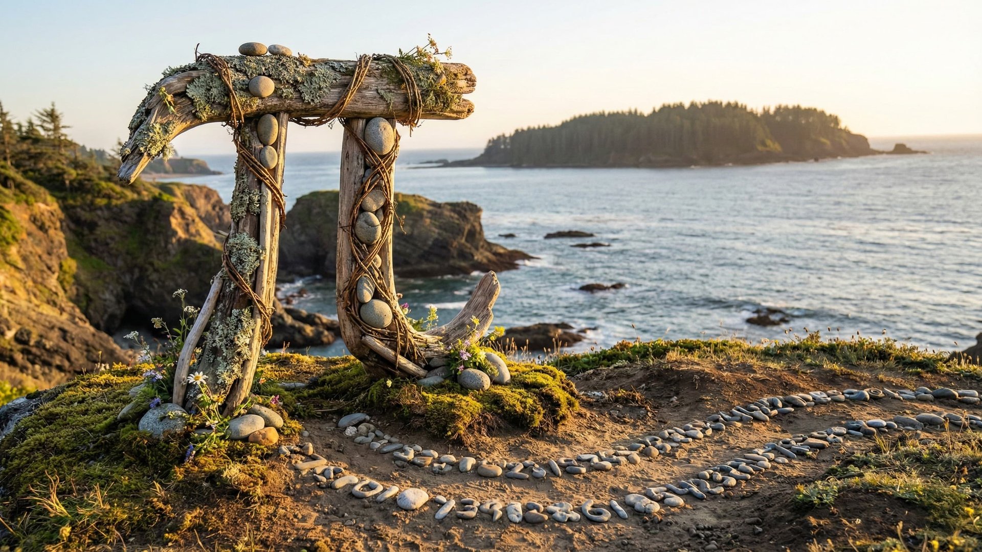 Pi symbol crafted from natural materials on a coastline, symbolizing the minimalist approach of the Pi Coding Agent in AI development