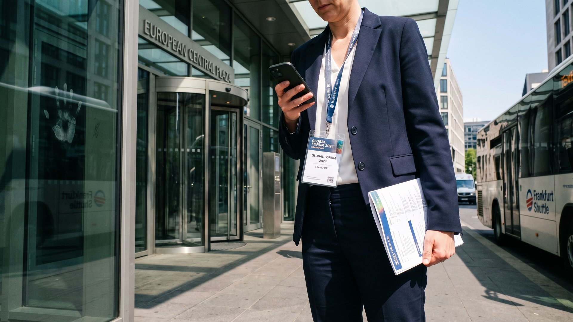 Business professional with conference badge checks phone outside corporate building - representing the gap between SAP Joule's promise and adoption reality in 2026