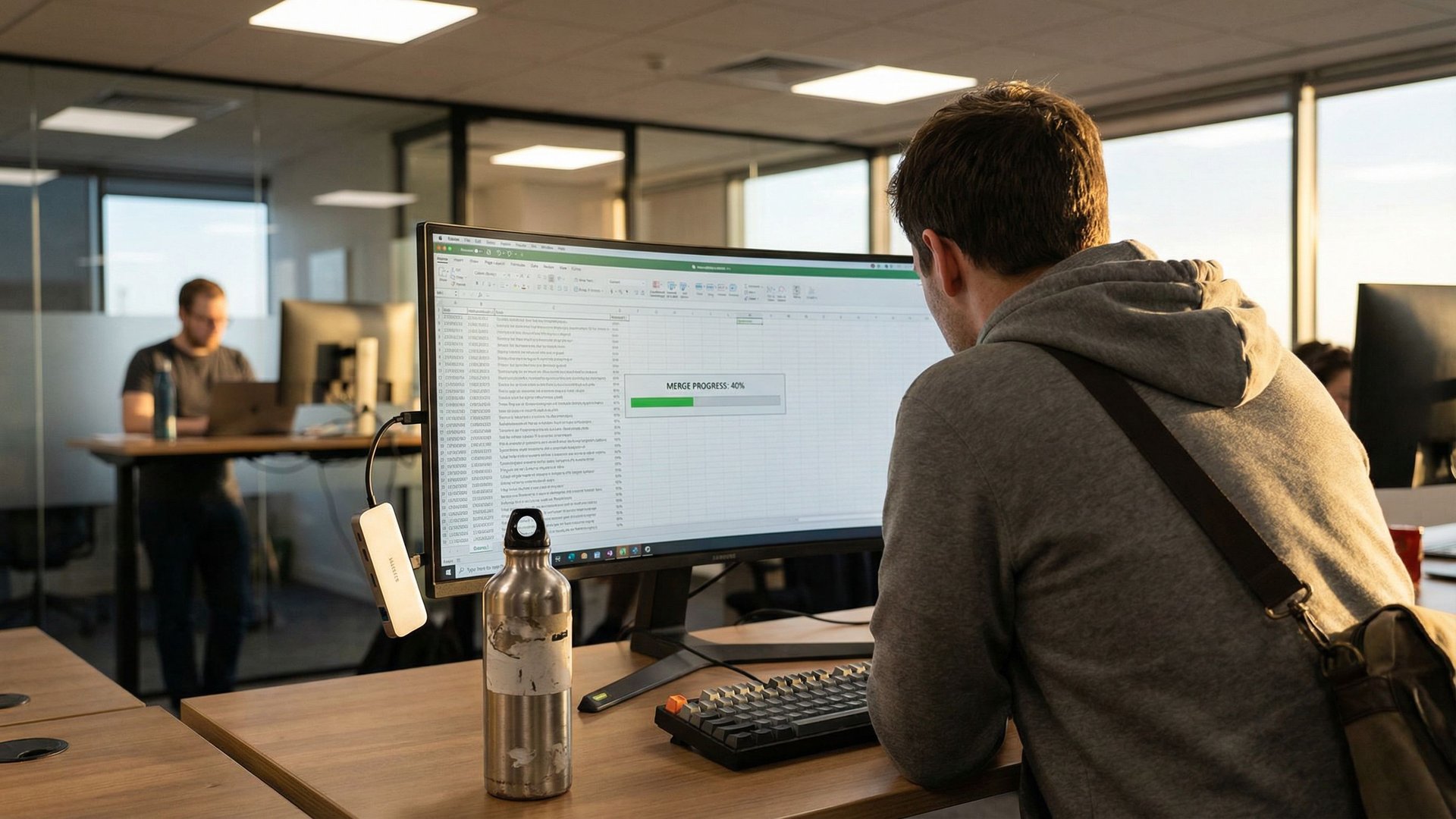 Office workspace with monitor displaying data records and a merge progress bar